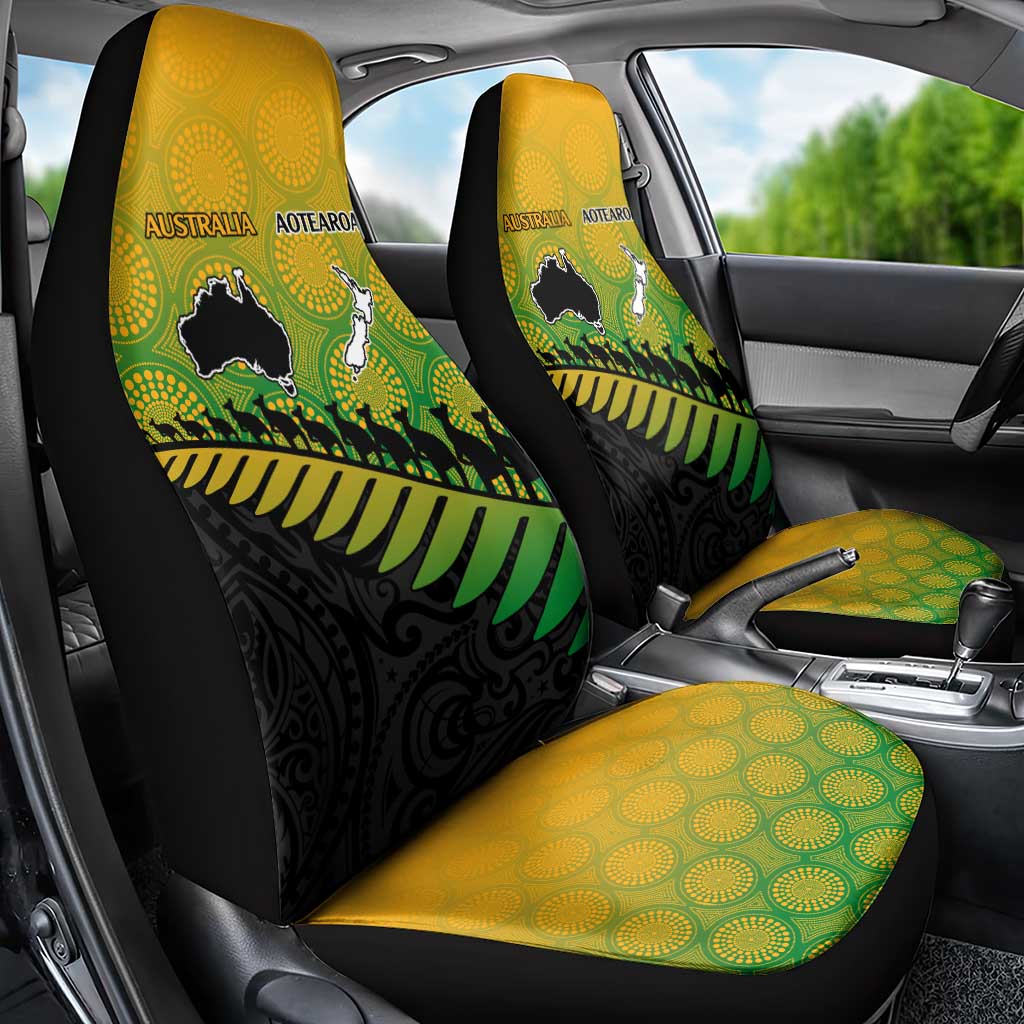 Australia New Zealand Rugby Car Seat Cover Gradient Aboriginal Wallabies and Maori Black Fern - Aussie Hoodie