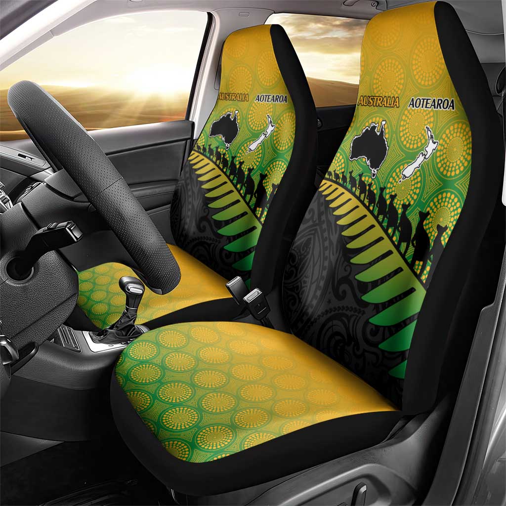 Australia New Zealand Rugby Car Seat Cover Gradient Aboriginal Wallabies and Maori Black Fern - Aussie Hoodie