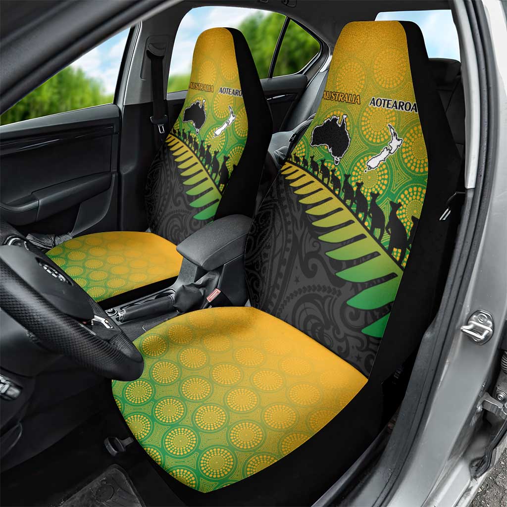 Australia New Zealand Rugby Car Seat Cover Gradient Aboriginal Wallabies and Maori Black Fern - Aussie Hoodie