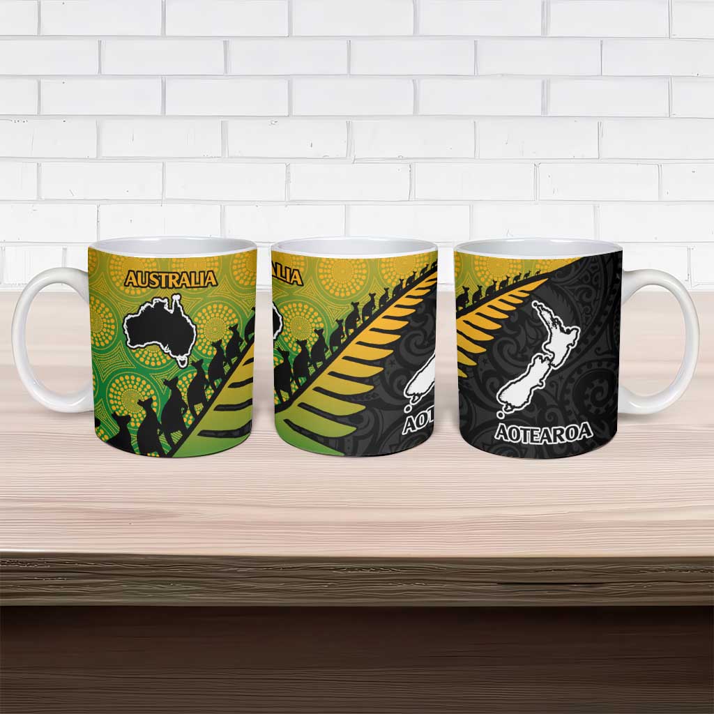 Australia New Zealand Rugby Ceramic Mug Gradient Aboriginal Wallabies and Maori Black Fern - Aussie Hoodie