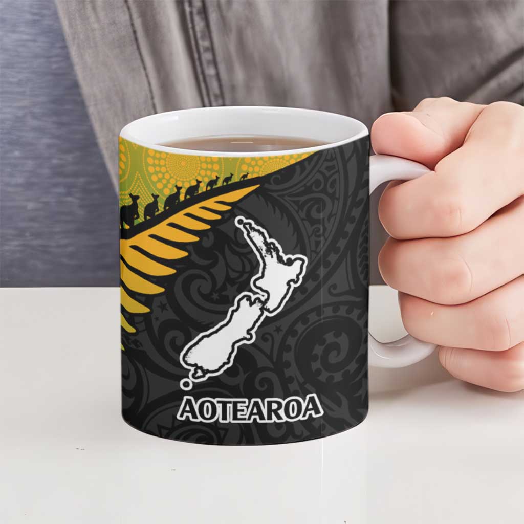 Australia New Zealand Rugby Ceramic Mug Gradient Aboriginal Wallabies and Maori Black Fern - Aussie Hoodie