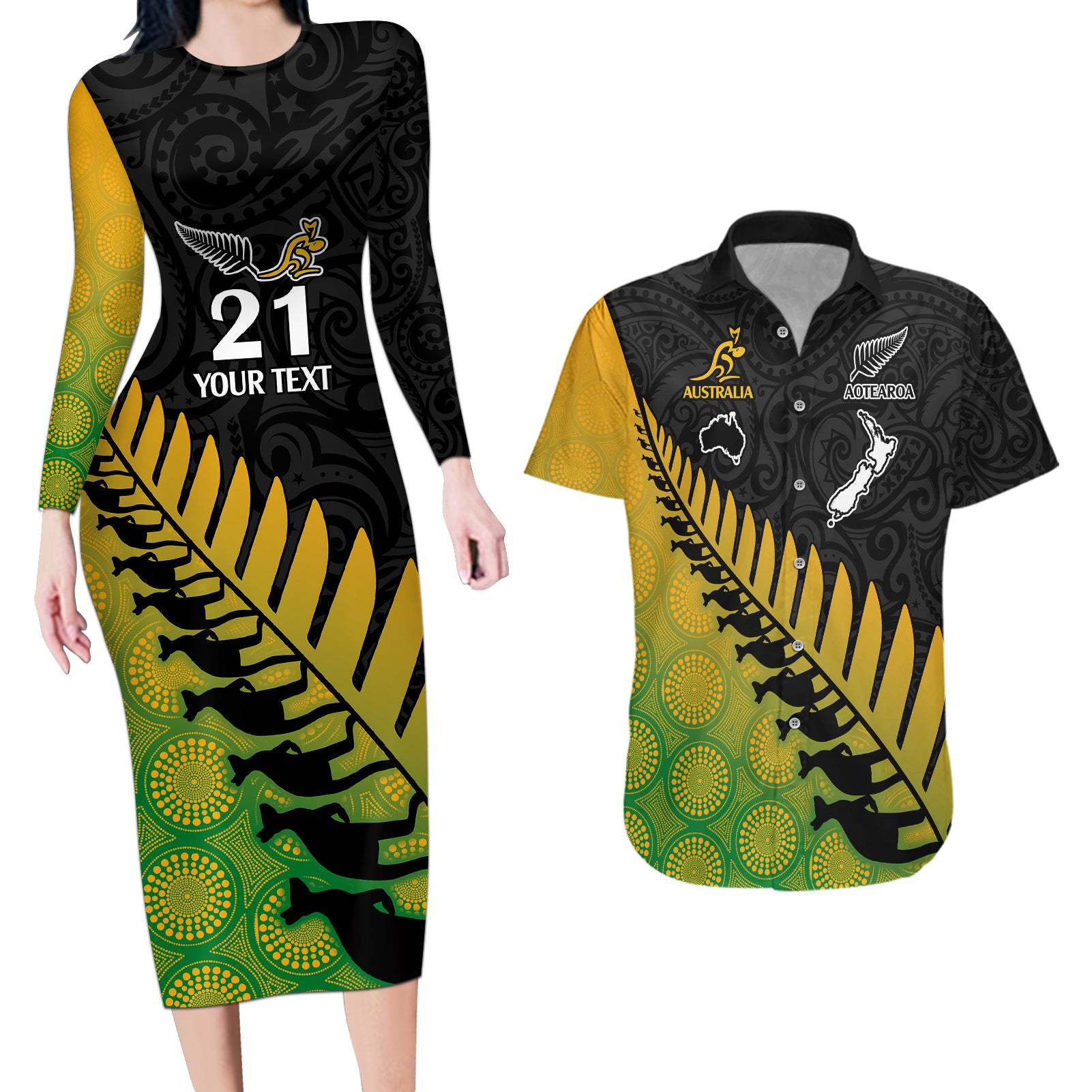 custom-australia-wallabies-and-aotearoa-rugby-couples-matching-long-sleeve-bodycon-dress-and-hawaiian-shirt-kangaroo-black-fern-maori-gradient-vibe
