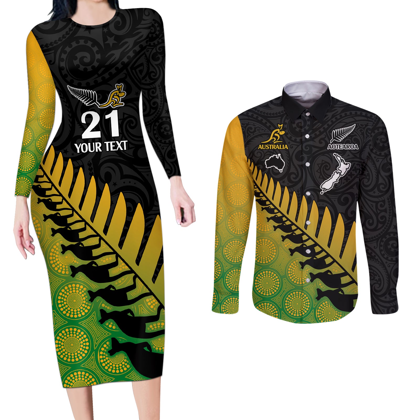 custom-australia-wallabies-and-aotearoa-rugby-couples-matching-long-sleeve-bodycon-dress-and-long-sleeve-button-shirts-kangaroo-black-fern-maori-gradient-vibe