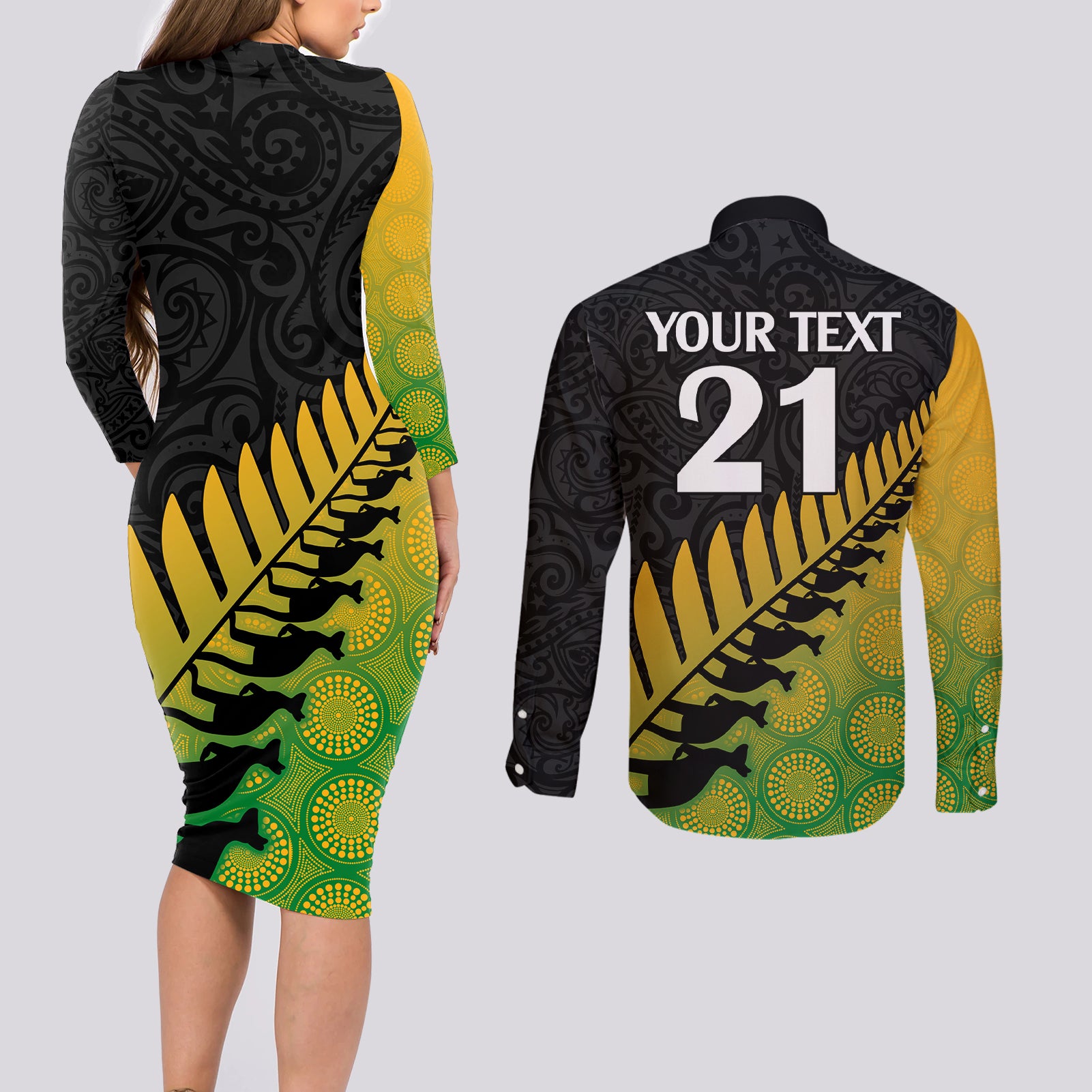 custom-australia-wallabies-and-aotearoa-rugby-couples-matching-long-sleeve-bodycon-dress-and-long-sleeve-button-shirts-kangaroo-black-fern-maori-gradient-vibe