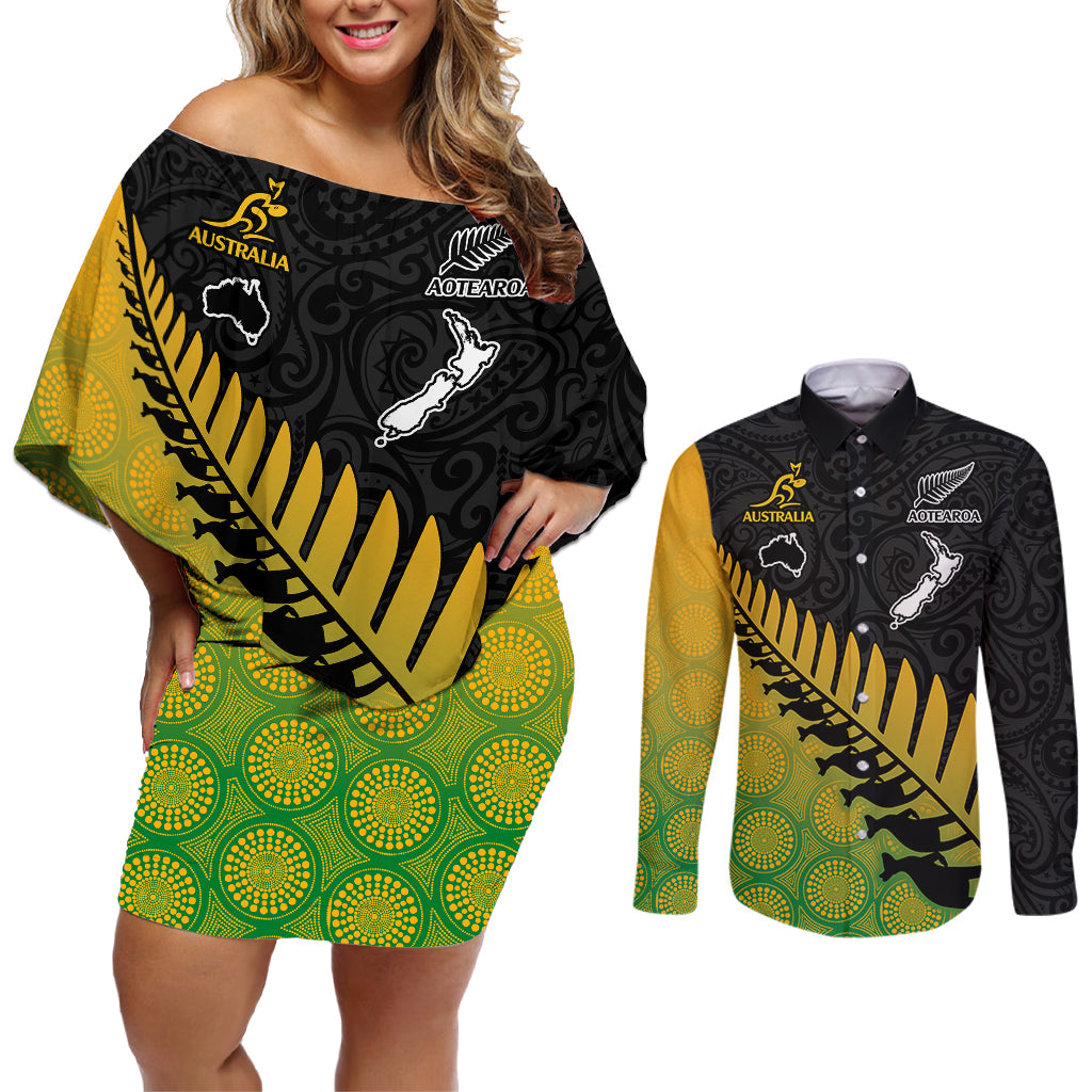 custom-australia-wallabies-and-aotearoa-rugby-couples-matching-off-shoulder-short-dress-and-long-sleeve-button-shirts-kangaroo-black-fern-maori-gradient-vibe