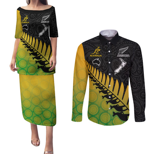 custom-australia-wallabies-and-aotearoa-rugby-couples-matching-puletasi-dress-and-long-sleeve-button-shirts-kangaroo-black-fern-maori-gradient-vibe