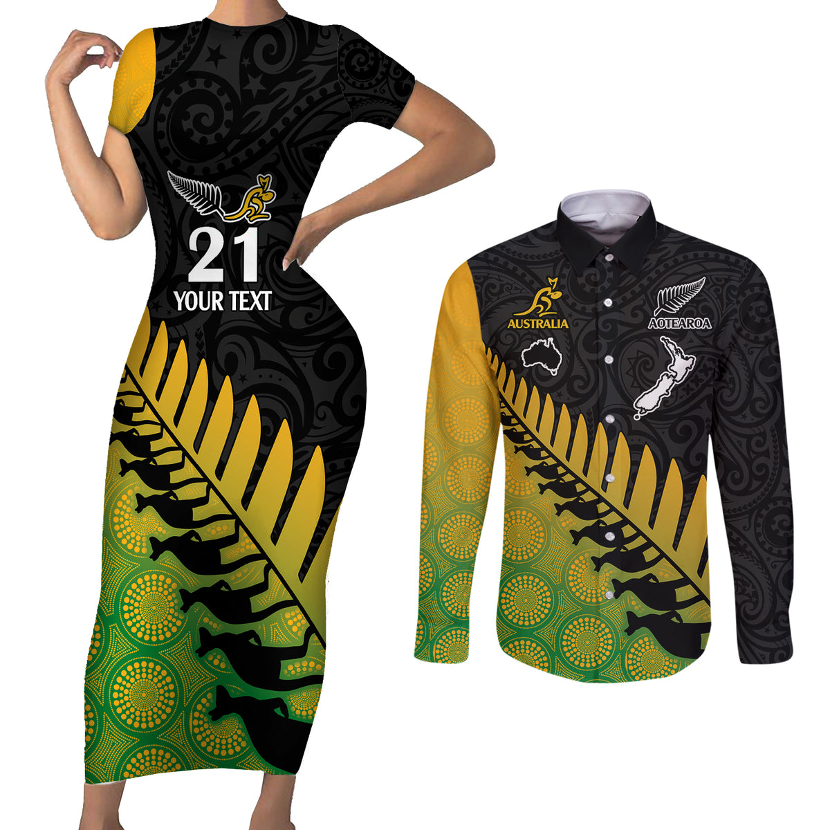 custom-australia-wallabies-and-aotearoa-rugby-couples-matching-short-sleeve-bodycon-dress-and-long-sleeve-button-shirts-kangaroo-black-fern-maori-gradient-vibe