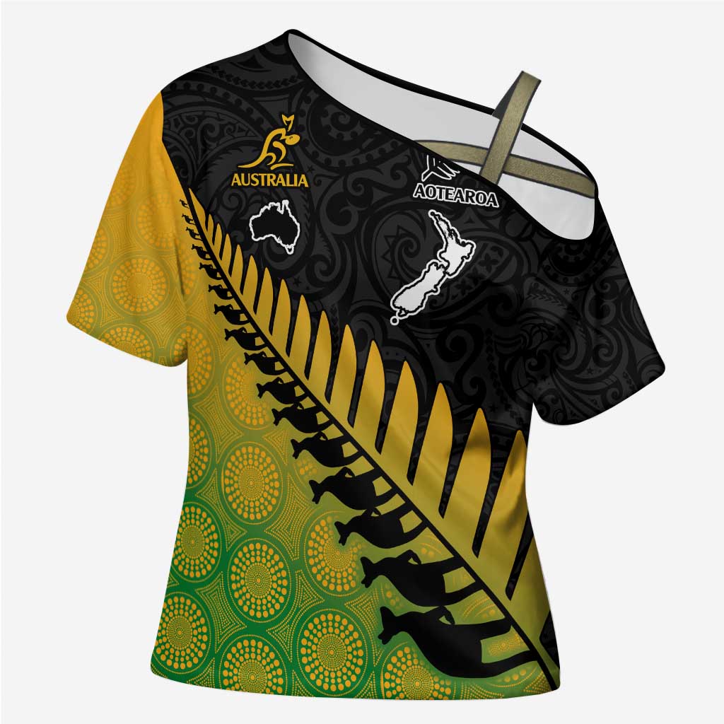 Australia New Zealand Rugby Cross Shoulder Shirt Gradient Aboriginal Wallabies and Maori Black Fern - Aussie Hoodie