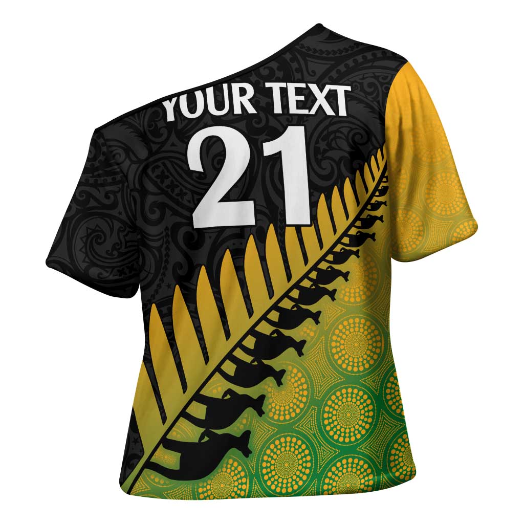 Australia New Zealand Rugby Cross Shoulder Shirt Gradient Aboriginal Wallabies and Maori Black Fern - Aussie Hoodie