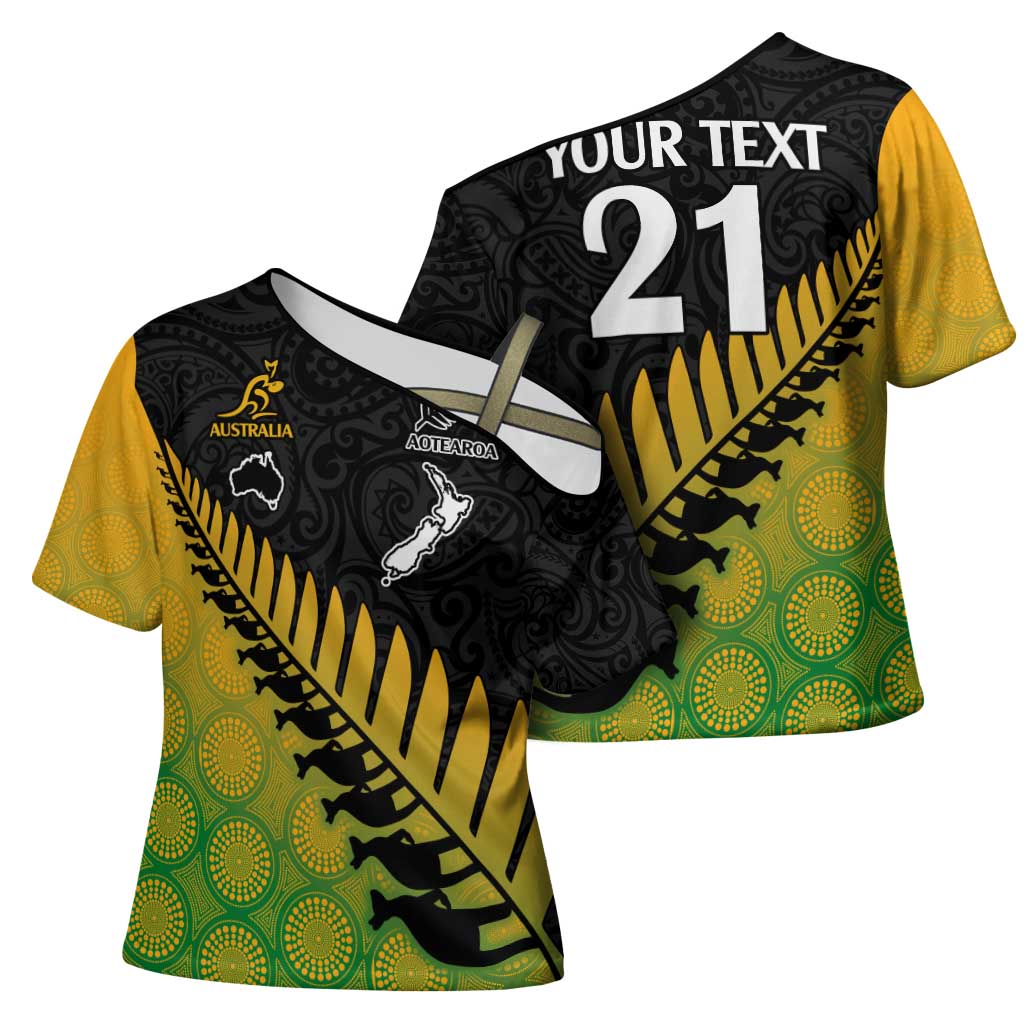 Australia New Zealand Rugby Cross Shoulder Shirt Gradient Aboriginal Wallabies and Maori Black Fern - Aussie Hoodie
