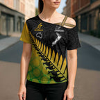 Australia New Zealand Rugby Cross Shoulder Shirt Gradient Aboriginal Wallabies and Maori Black Fern - Aussie Hoodie