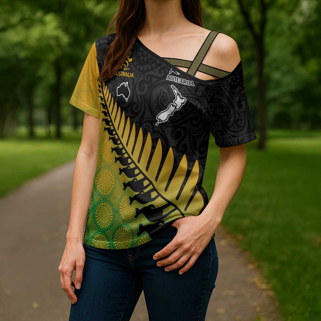 Australia New Zealand Rugby Cross Shoulder Shirt Gradient Aboriginal Wallabies and Maori Black Fern - Aussie Hoodie