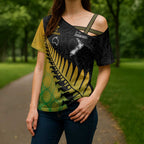 Australia New Zealand Rugby Cross Shoulder Shirt Gradient Aboriginal Wallabies and Maori Black Fern - Aussie Hoodie