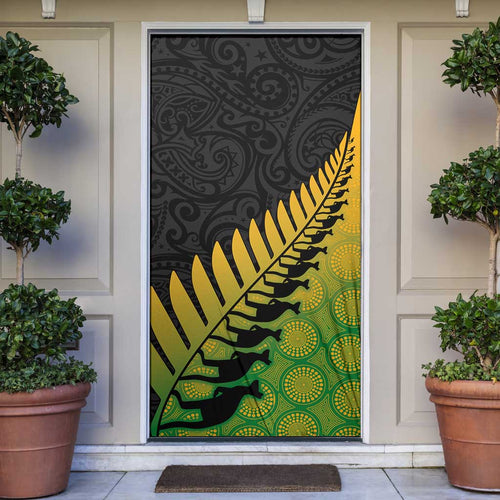 Australia New Zealand Rugby Door Cover Gradient Aboriginal Wallabies and Maori Black Fern - Aussie Hoodie