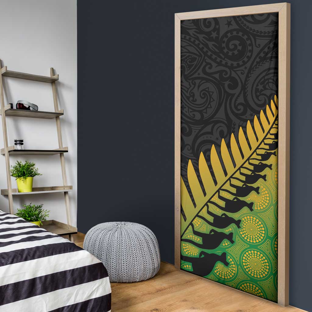 Australia New Zealand Rugby Door Cover Gradient Aboriginal Wallabies and Maori Black Fern - Aussie Hoodie