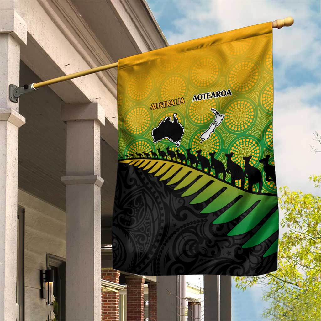 Australia New Zealand Rugby Garden Flag Gradient Aboriginal Wallabies and Maori Black Fern - Aussie Hoodie