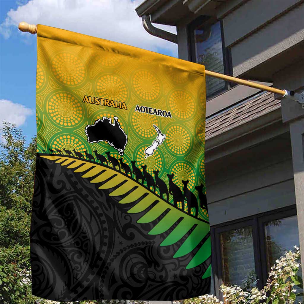 Australia New Zealand Rugby Garden Flag Gradient Aboriginal Wallabies and Maori Black Fern - Aussie Hoodie