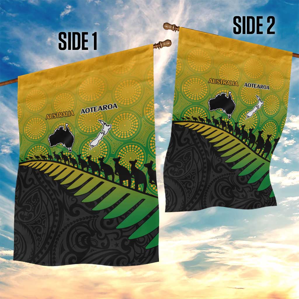 Australia New Zealand Rugby Garden Flag Gradient Aboriginal Wallabies and Maori Black Fern - Aussie Hoodie