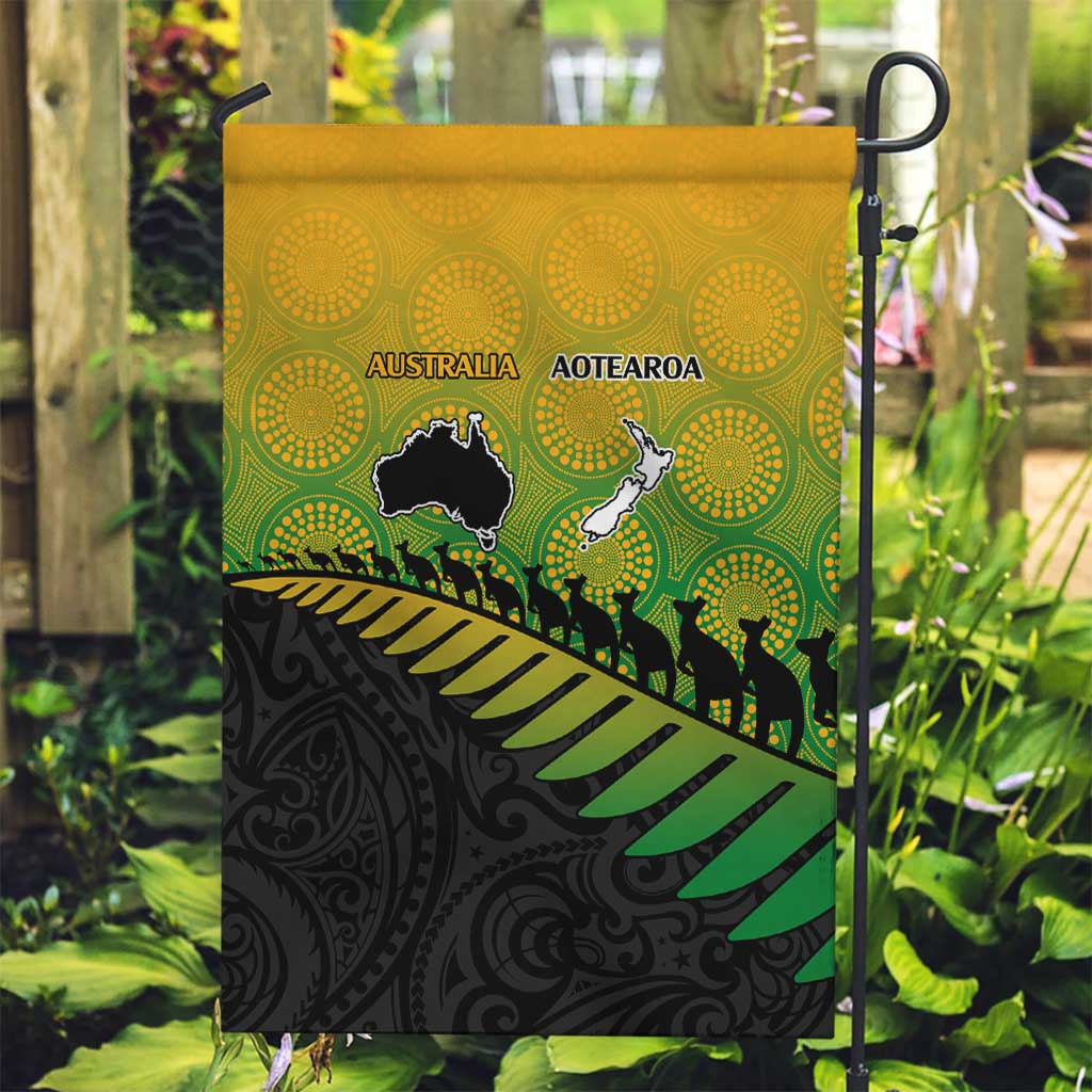 Australia New Zealand Rugby Garden Flag Gradient Aboriginal Wallabies and Maori Black Fern - Aussie Hoodie