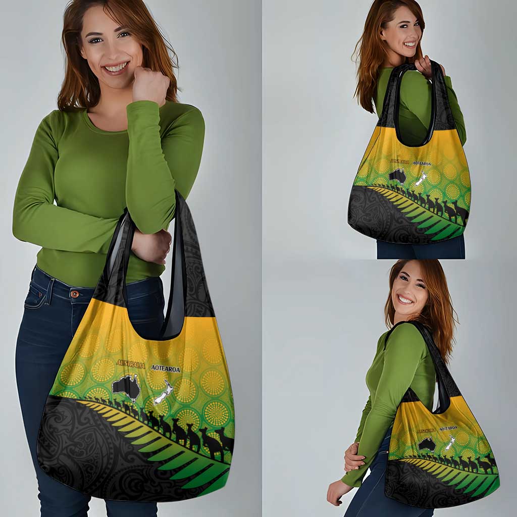 Australia New Zealand Rugby Grocery Bag Gradient Aboriginal Wallabies and Maori Black Fern - Aussie Hoodie