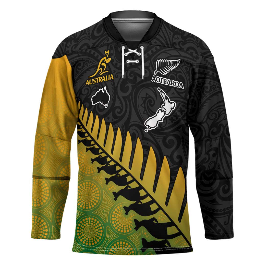 Australia New Zealand Rugby Hockey Jersey Gradient Aboriginal Wallabies and Maori Black Fern - Aussie Hoodie