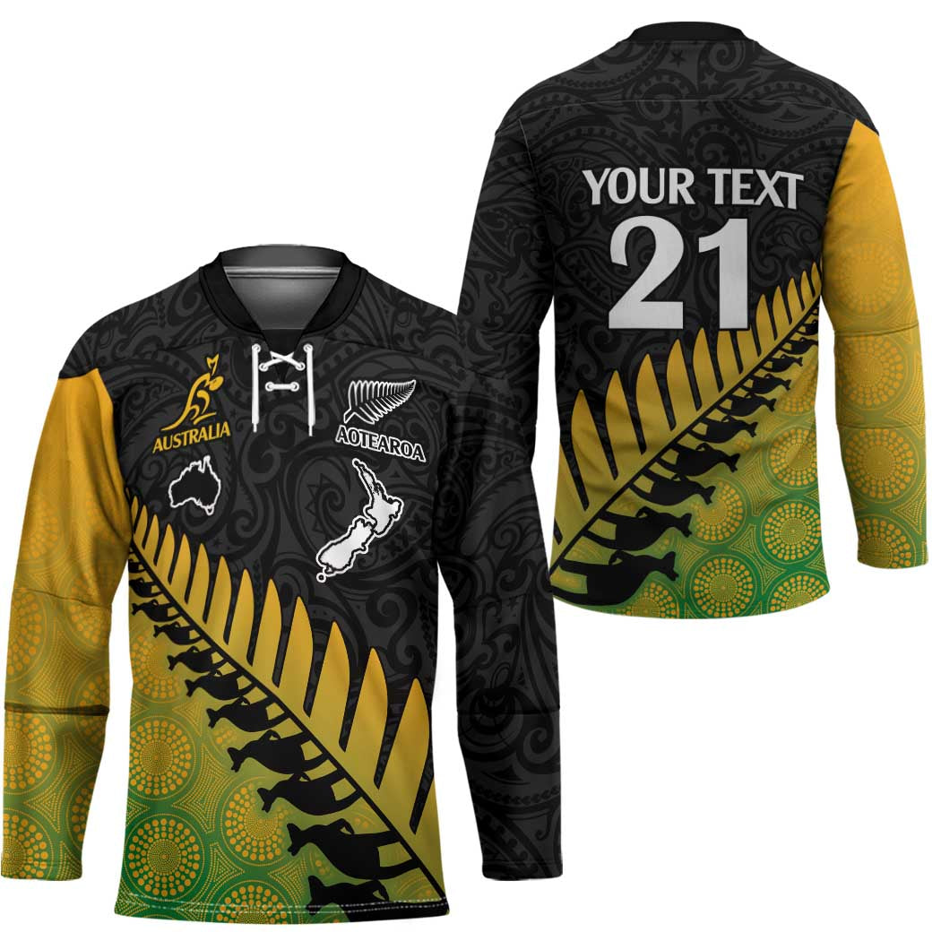 Australia New Zealand Rugby Hockey Jersey Gradient Aboriginal Wallabies and Maori Black Fern - Aussie Hoodie