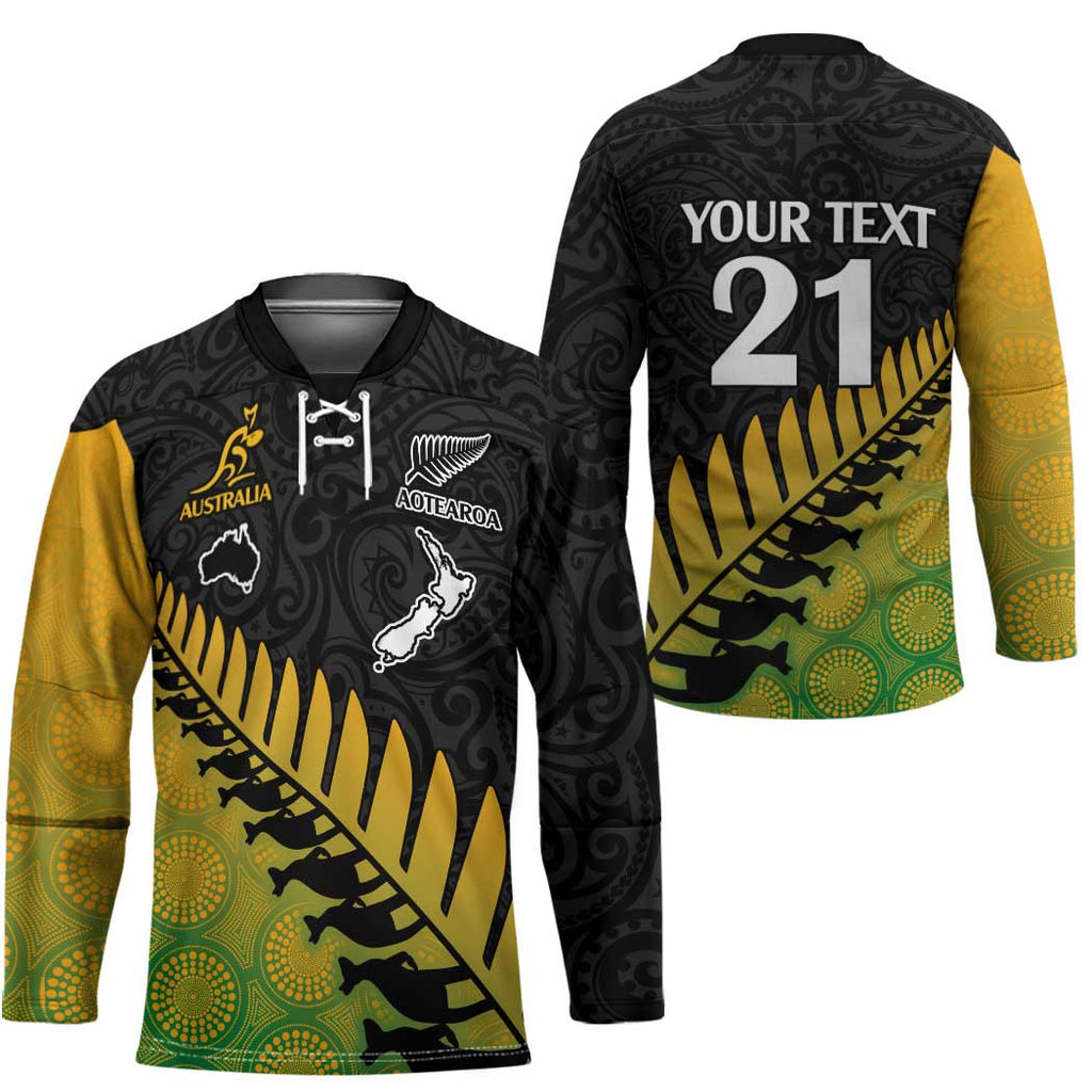 Australia New Zealand Rugby Hockey Jersey Gradient Aboriginal Wallabies and Maori Black Fern - Aussie Hoodie