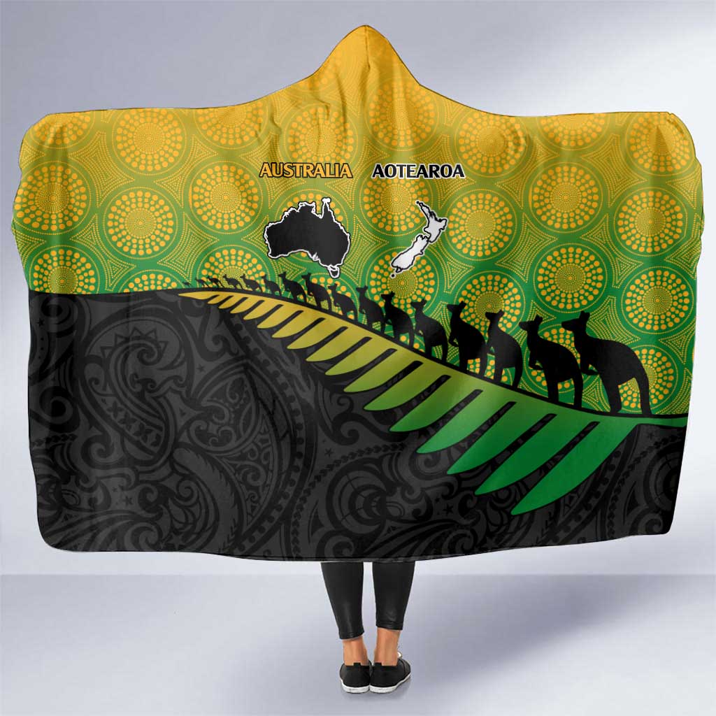 Australia New Zealand Rugby Hooded Blanket Gradient Aboriginal Wallabies and Maori Black Fern - Aussie Hoodie