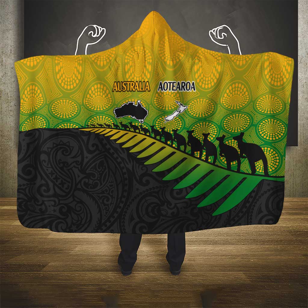 Australia New Zealand Rugby Hooded Blanket Gradient Aboriginal Wallabies and Maori Black Fern - Aussie Hoodie