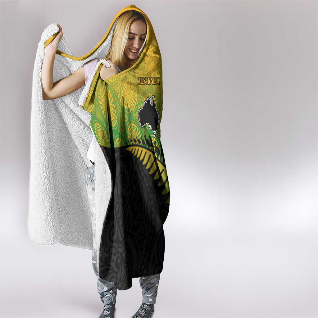 Australia New Zealand Rugby Hooded Blanket Gradient Aboriginal Wallabies and Maori Black Fern - Aussie Hoodie