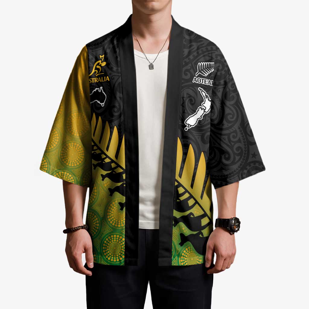 Australia New Zealand Rugby Kimono Gradient Aboriginal Wallabies and Maori Black Fern - Aussie Hoodie