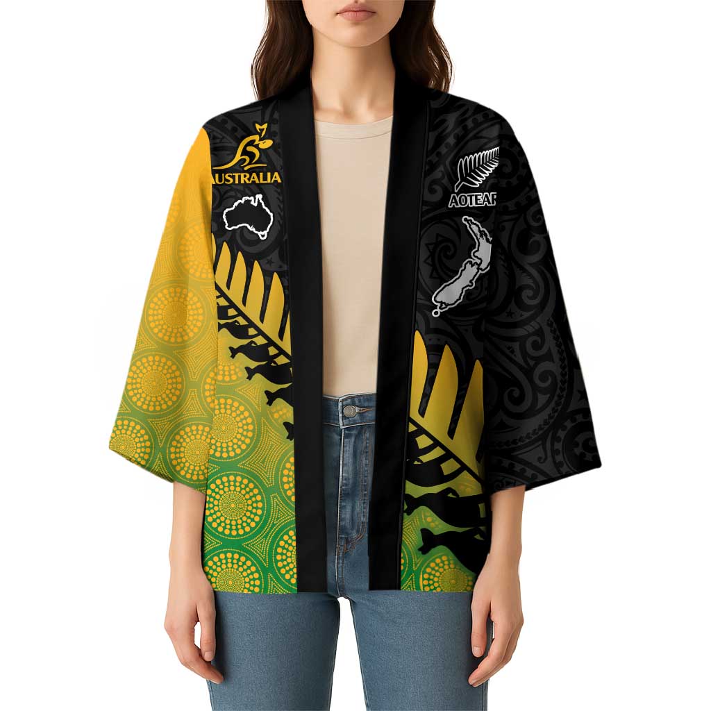 Australia New Zealand Rugby Kimono Gradient Aboriginal Wallabies and Maori Black Fern - Aussie Hoodie