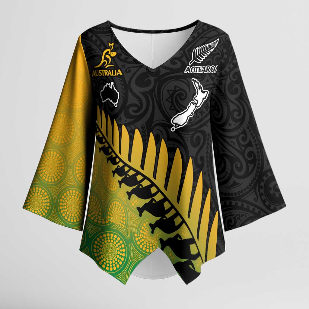 Australia New Zealand Rugby Kimono Sleeve Blouse Gradient Aboriginal Wallabies and Maori Black Fern - Aussie Hoodie