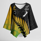 Australia New Zealand Rugby Kimono Sleeve Blouse Gradient Aboriginal Wallabies and Maori Black Fern - Aussie Hoodie