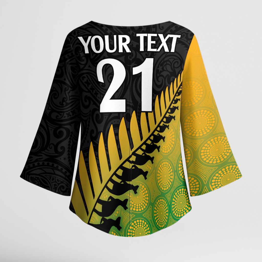 Australia New Zealand Rugby Kimono Sleeve Blouse Gradient Aboriginal Wallabies and Maori Black Fern - Aussie Hoodie