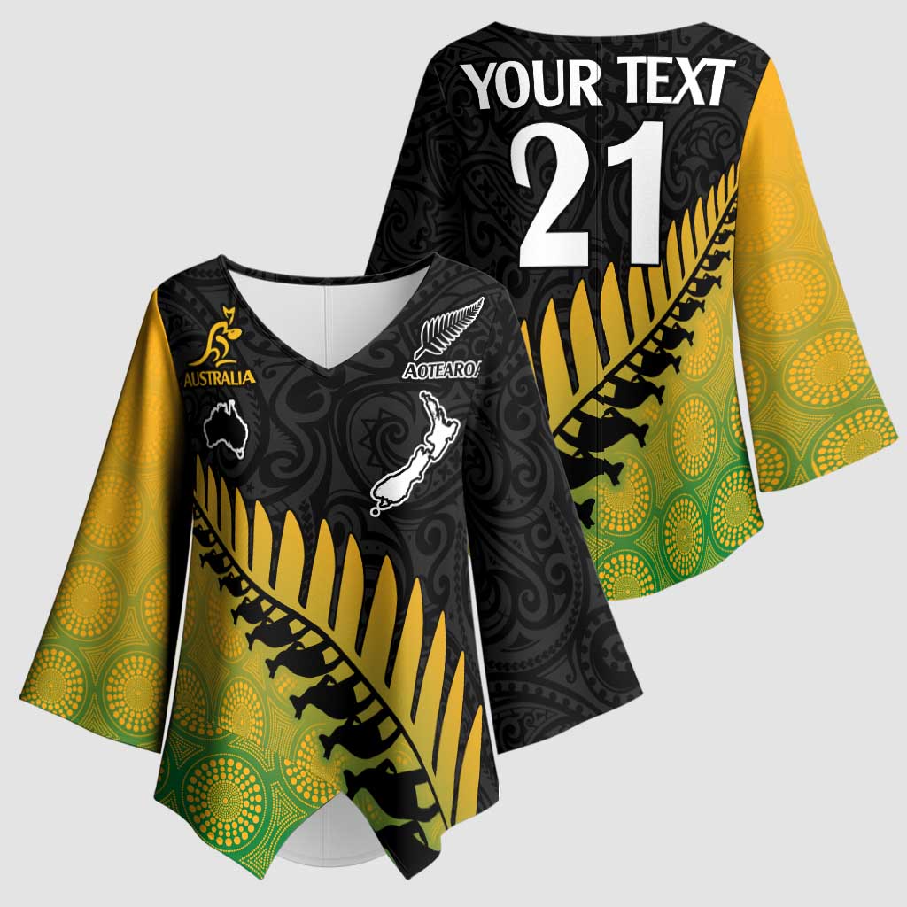 Australia New Zealand Rugby Kimono Sleeve Blouse Gradient Aboriginal Wallabies and Maori Black Fern - Aussie Hoodie