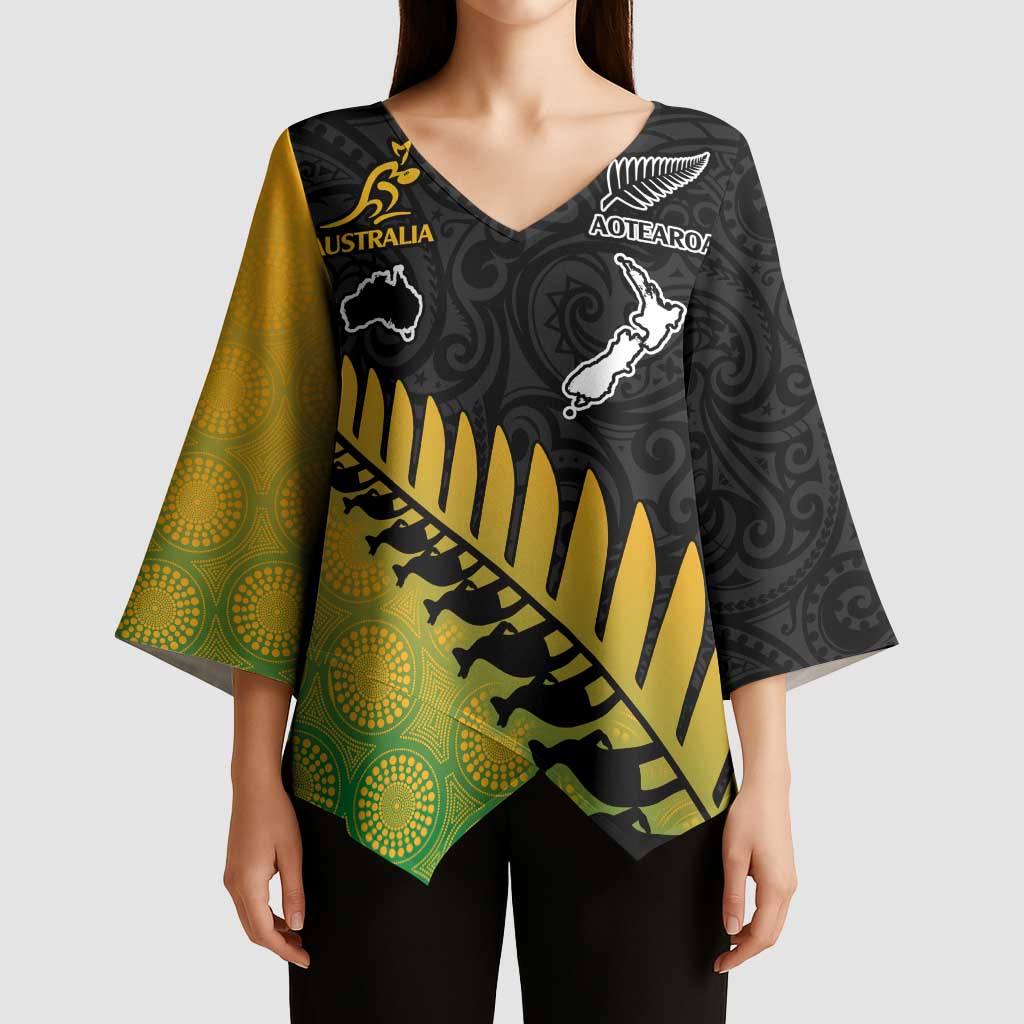 Australia New Zealand Rugby Kimono Sleeve Blouse Gradient Aboriginal Wallabies and Maori Black Fern - Aussie Hoodie