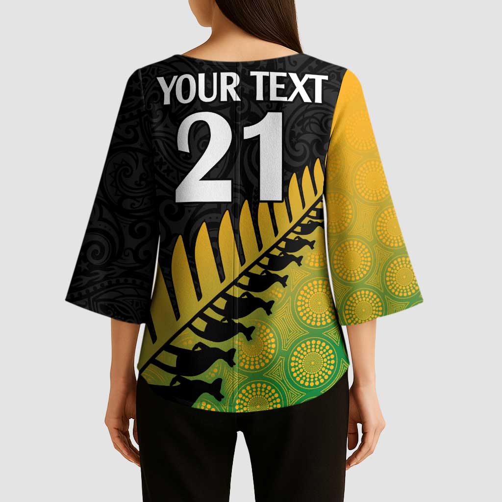 Australia New Zealand Rugby Kimono Sleeve Blouse Gradient Aboriginal Wallabies and Maori Black Fern - Aussie Hoodie