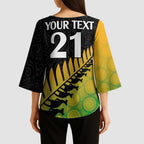 Australia New Zealand Rugby Kimono Sleeve Blouse Gradient Aboriginal Wallabies and Maori Black Fern - Aussie Hoodie