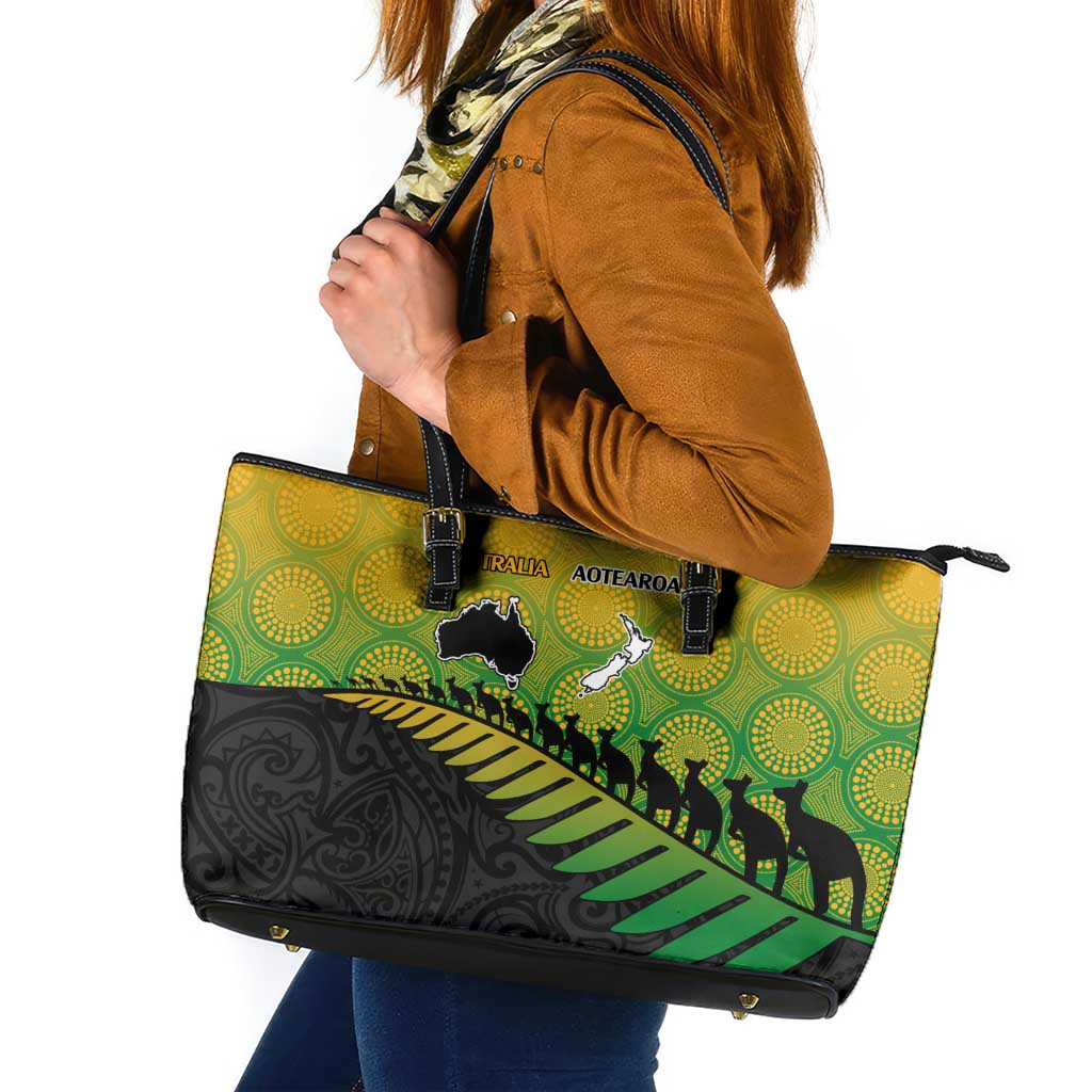 Australia New Zealand Rugby Leather Tote Bag Gradient Aboriginal Wallabies and Maori Black Fern - Aussie Hoodie