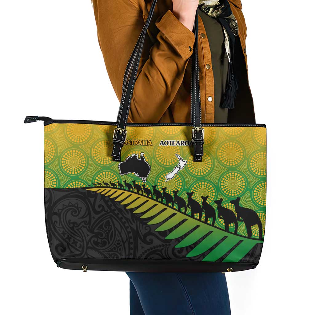 Australia New Zealand Rugby Leather Tote Bag Gradient Aboriginal Wallabies and Maori Black Fern - Aussie Hoodie