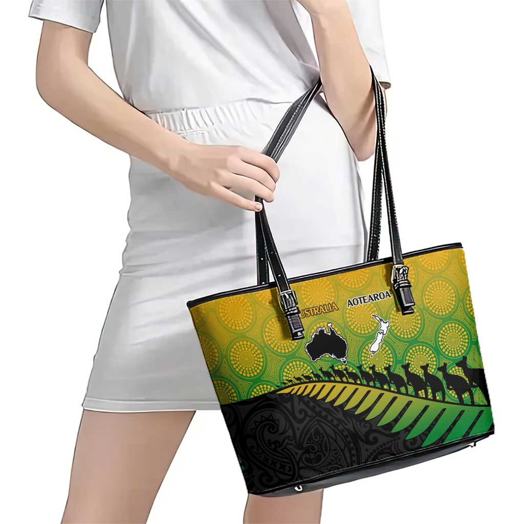 Australia New Zealand Rugby Leather Tote Bag Gradient Aboriginal Wallabies and Maori Black Fern - Aussie Hoodie