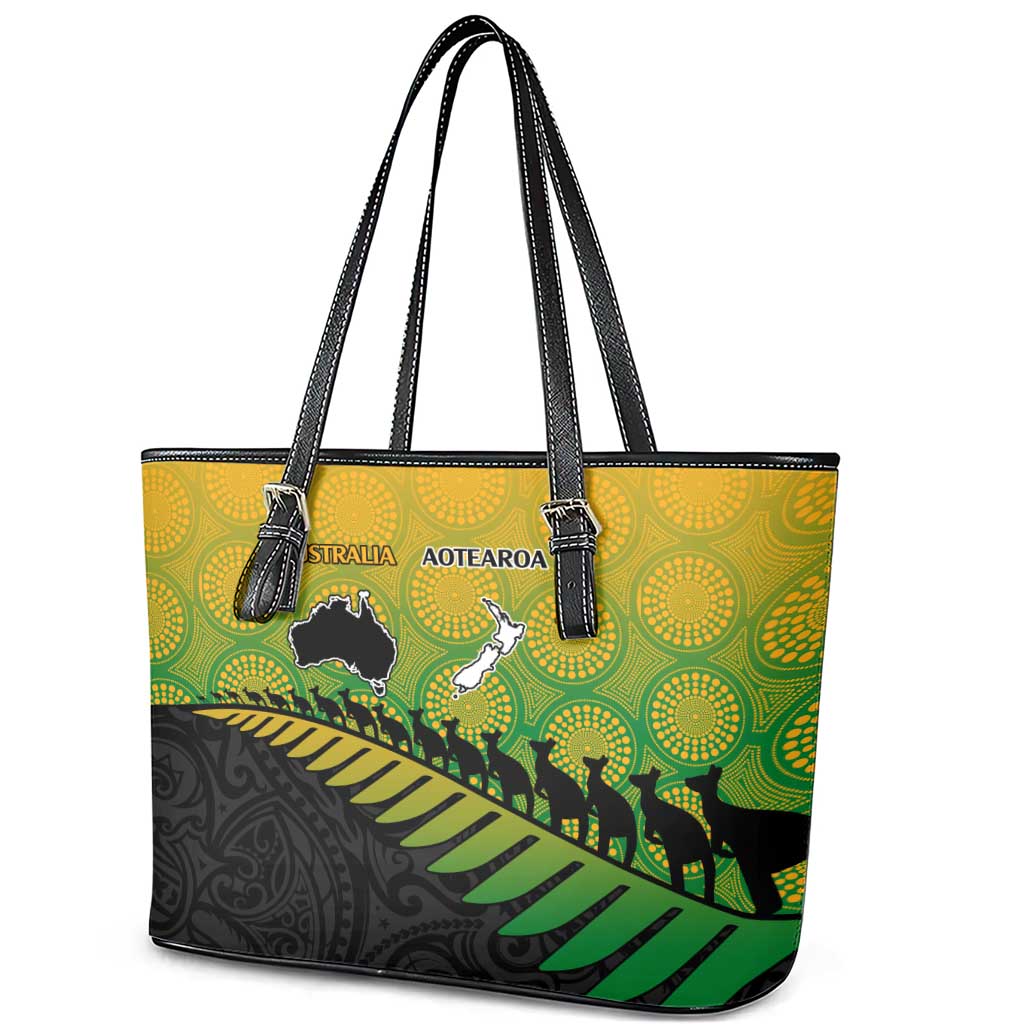 Australia New Zealand Rugby Leather Tote Bag Gradient Aboriginal Wallabies and Maori Black Fern - Aussie Hoodie