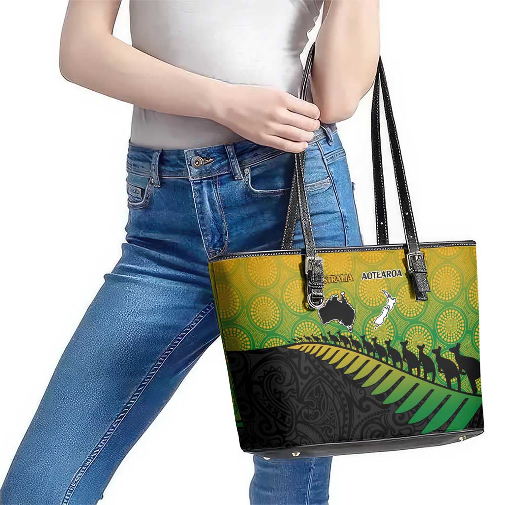 Australia New Zealand Rugby Leather Tote Bag Gradient Aboriginal Wallabies and Maori Black Fern - Aussie Hoodie