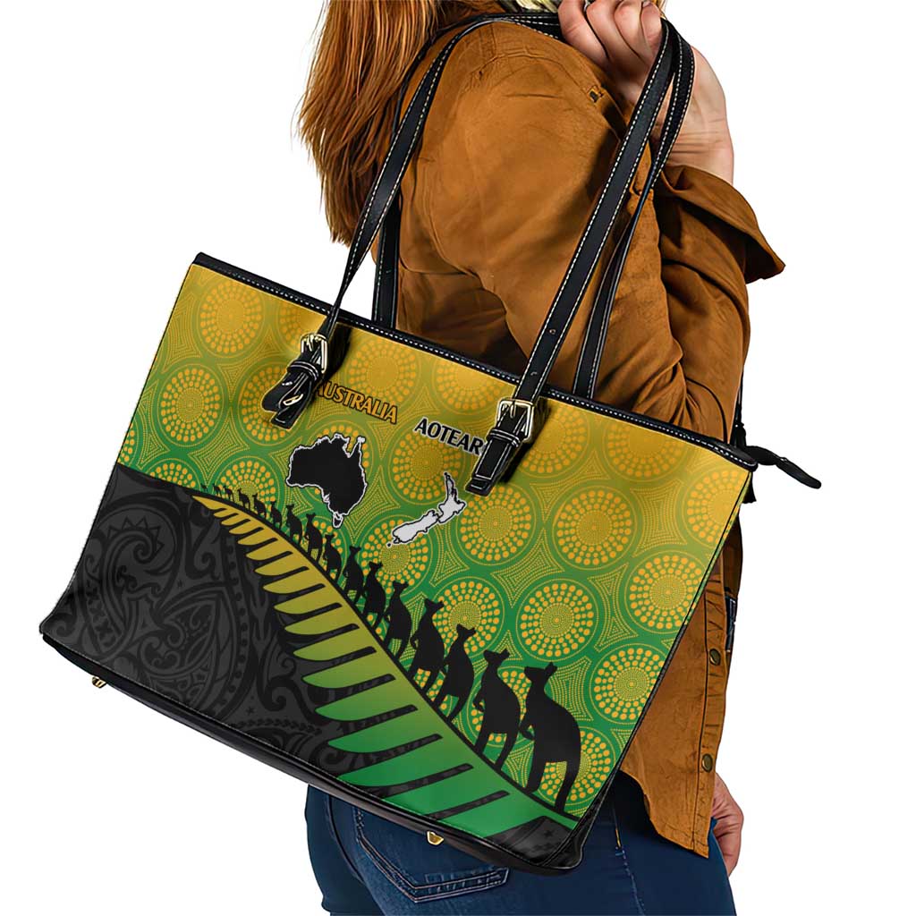 Australia New Zealand Rugby Leather Tote Bag Gradient Aboriginal Wallabies and Maori Black Fern - Aussie Hoodie