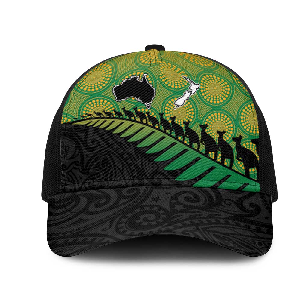 Australia New Zealand Rugby Mesh Trucker Cap Gradient Aboriginal Wallabies and Maori Black Fern - Aussie Hoodie