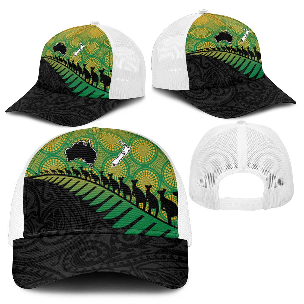 Australia New Zealand Rugby Mesh Trucker Cap Gradient Aboriginal Wallabies and Maori Black Fern - Aussie Hoodie