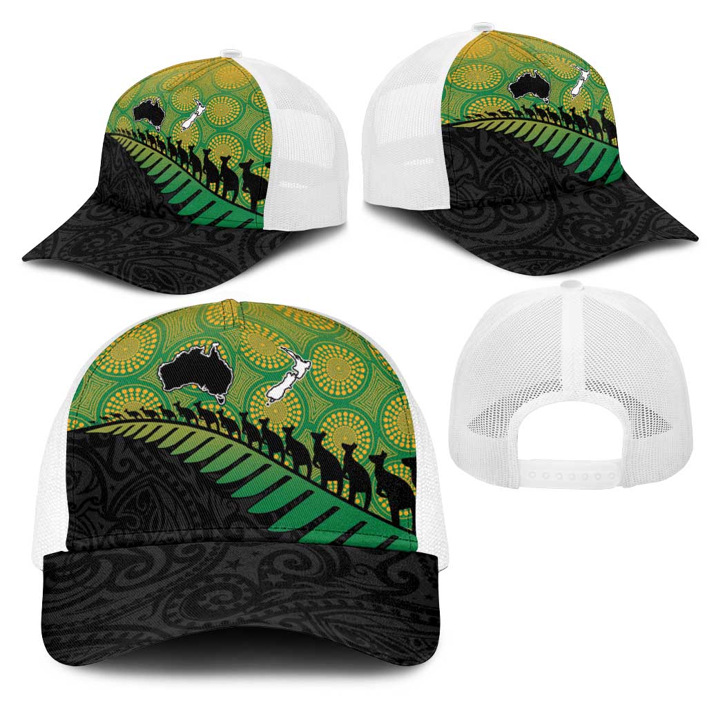 Australia New Zealand Rugby Mesh Trucker Cap Gradient Aboriginal Wallabies and Maori Black Fern - Aussie Hoodie