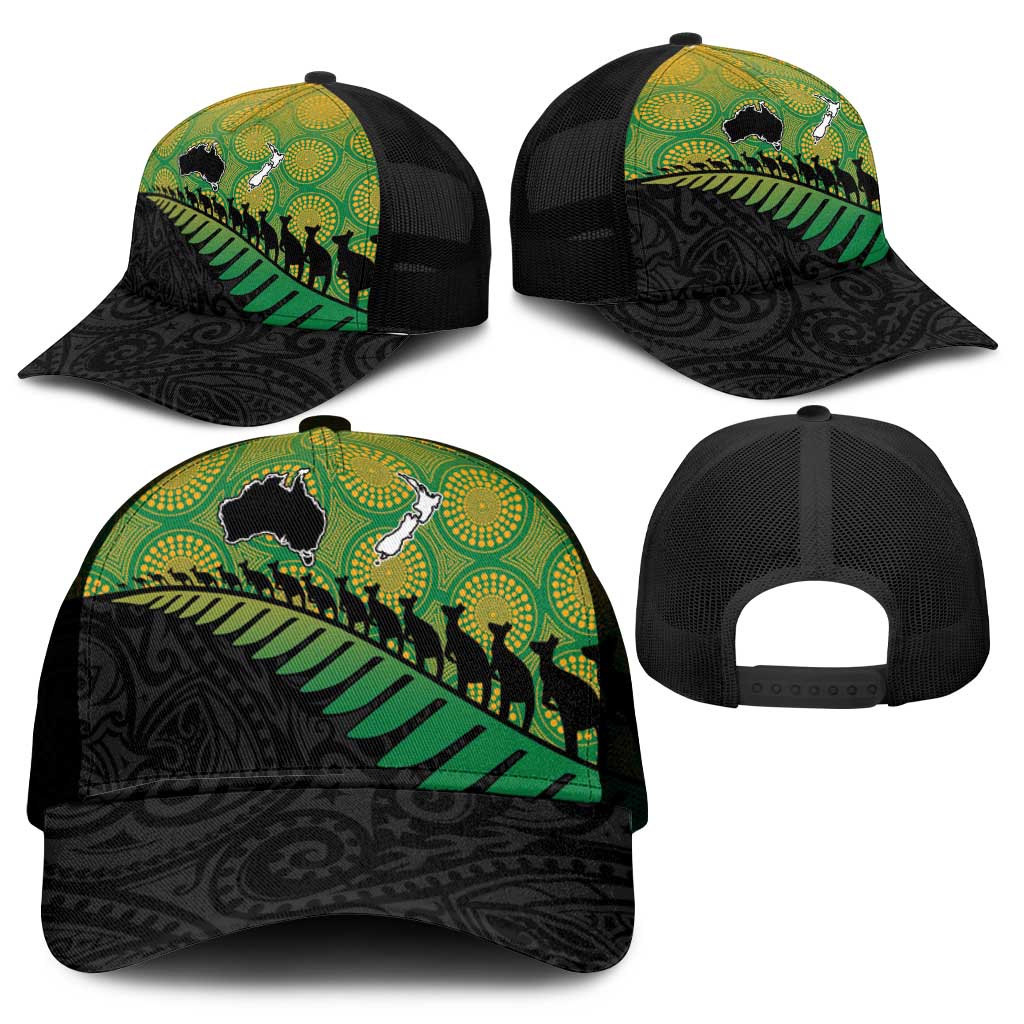 Australia New Zealand Rugby Mesh Trucker Cap Gradient Aboriginal Wallabies and Maori Black Fern - Aussie Hoodie