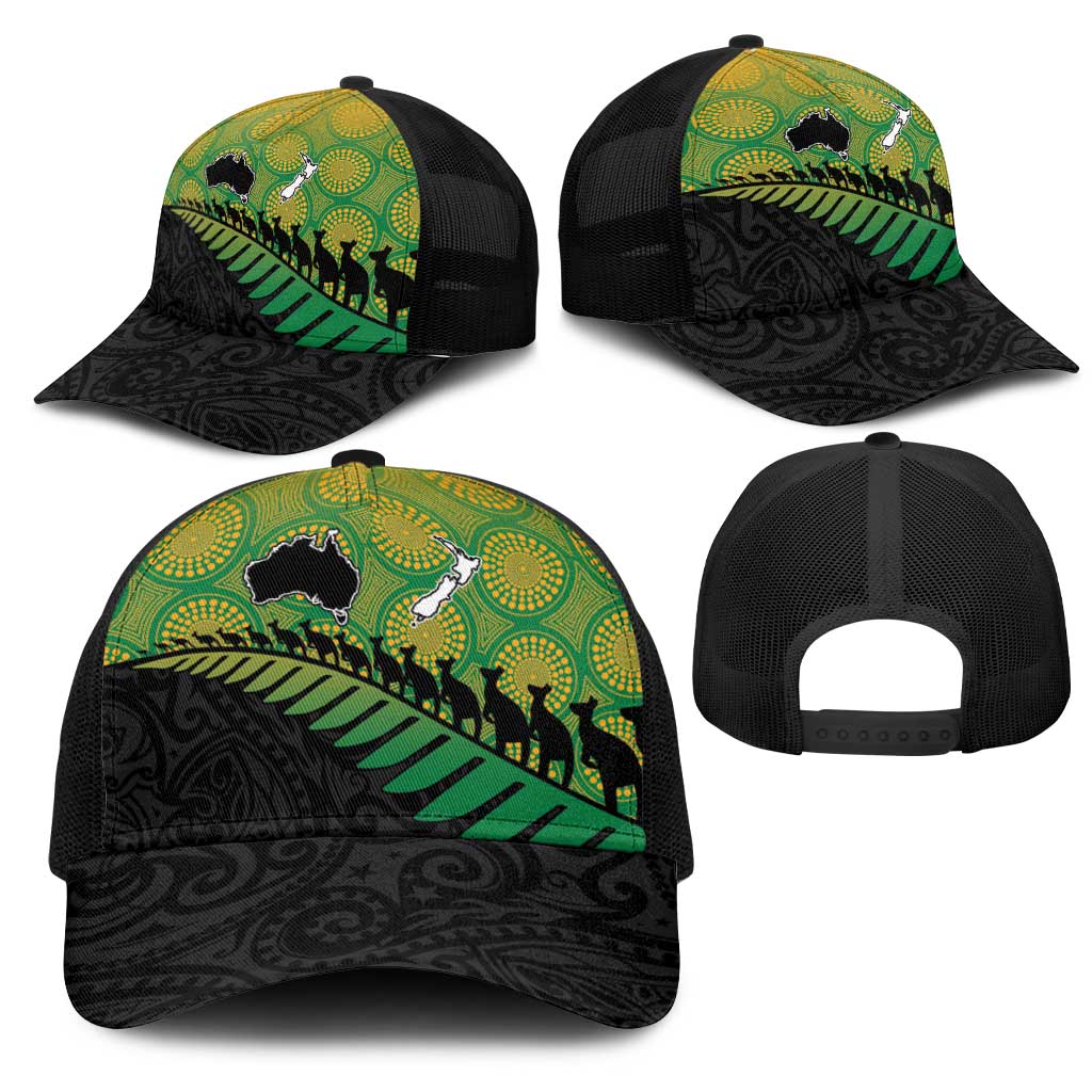 Australia New Zealand Rugby Mesh Trucker Cap Gradient Aboriginal Wallabies and Maori Black Fern - Aussie Hoodie